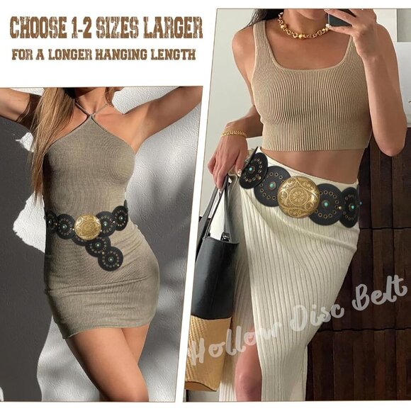 Woman\'s Western PU Leather Belts Concho Disc Wide Waist Belt Black Bronze Buckle main image 5